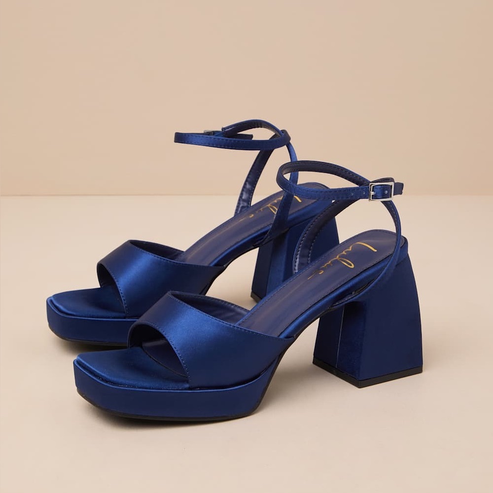 Lulus Shirine Midnight Blue Satin Platform Ankle Strap Heels